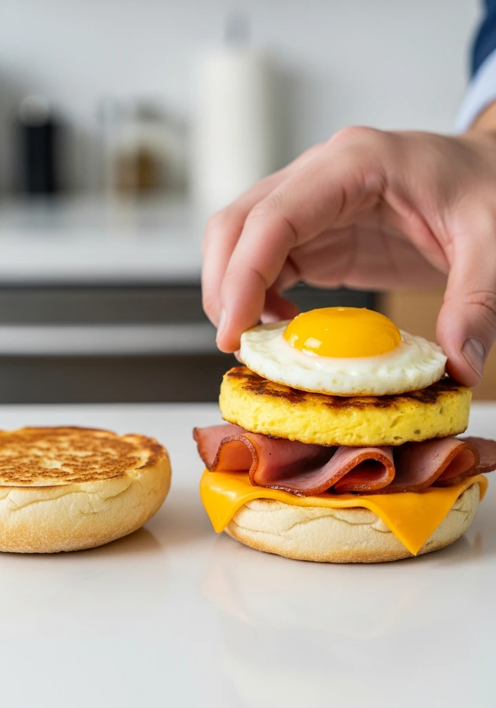 Hand assembling a keto egg McMuffin, placing a cooked egg onto seared ham and melted cheese on a bun.
