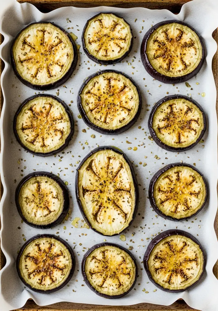 Golden-brown, roasted eggplant slices on parchment paper, arranged neatly on a silver baking sheet, ready for assembly.