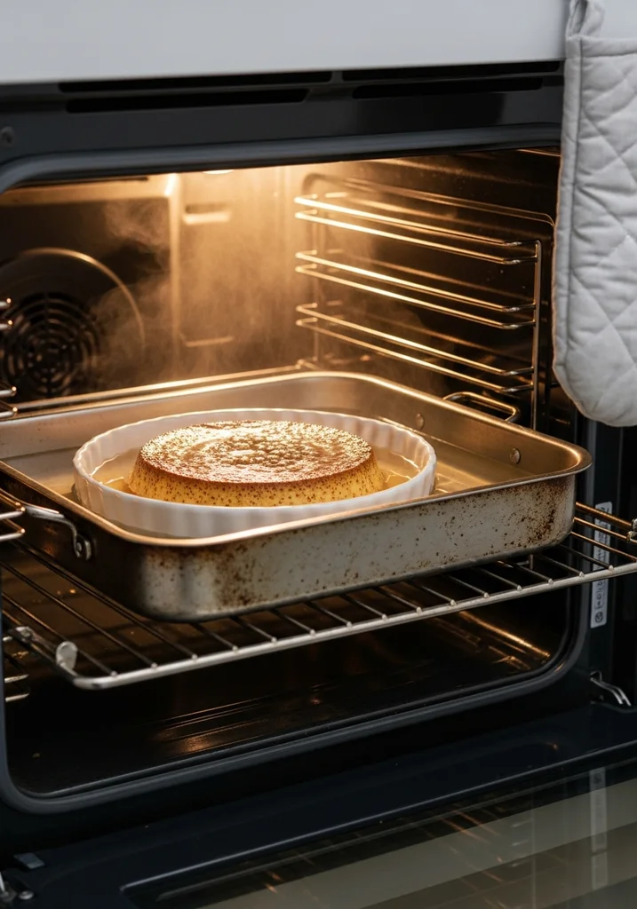 Roasting pan with dark brown flan in a water bath baking inside an open oven, with gentle steam.