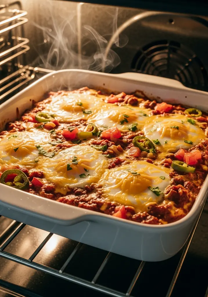 Close-up of huevos rancheros baking in an oven, cheese is bubbling, and egg whites are setting around bright yolks.