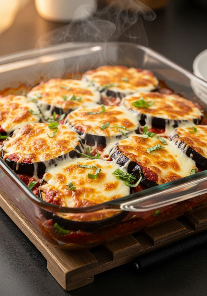 Golden-brown, bubbly melted cheese on top of a red sauce in a glass baking dish, fresh from the oven, with steam.