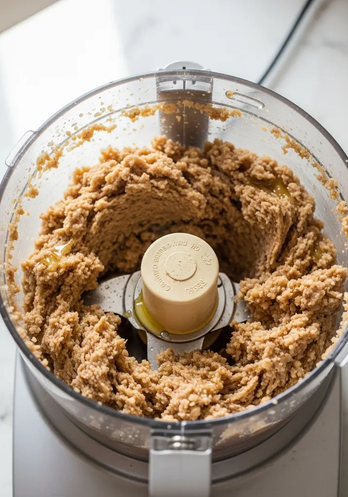 Wet, sandy walnut mixture clumped in a food processor, bound together with melted butter and vanilla.