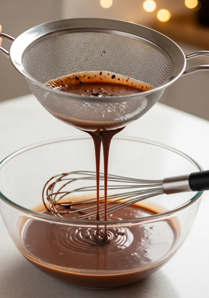 Dark brown chocolate custard being strained through a fine-mesh sieve into a glass bowl, appearing smooth.