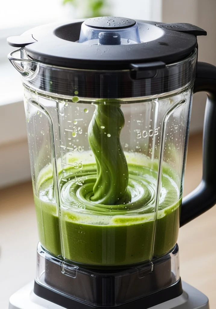 Vibrant green smoothie blending at high speed in a clear blender jar, creating a smooth, swirling vortex.
