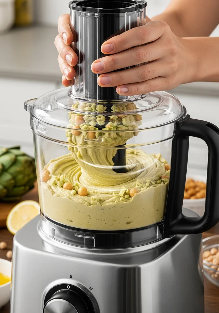 Pale green artichoke hummus blending smoothly inside a food processor, with a hand holding the lid down.