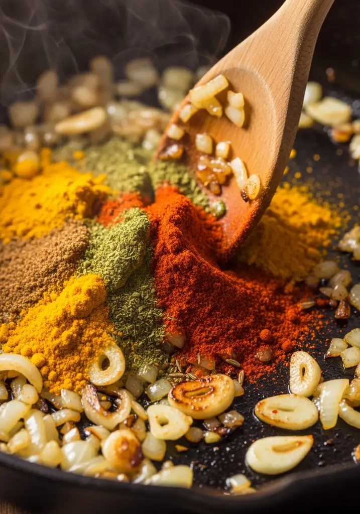 Vibrant turmeric, coriander, cumin, chili, and garam masala spices being stirred into sautéed aromatics in a skillet.