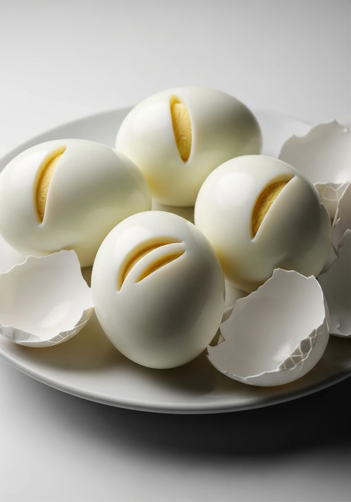 Four white peeled boiled eggs with two shallow slits on each, ready for cooking, on a small white ceramic plate.