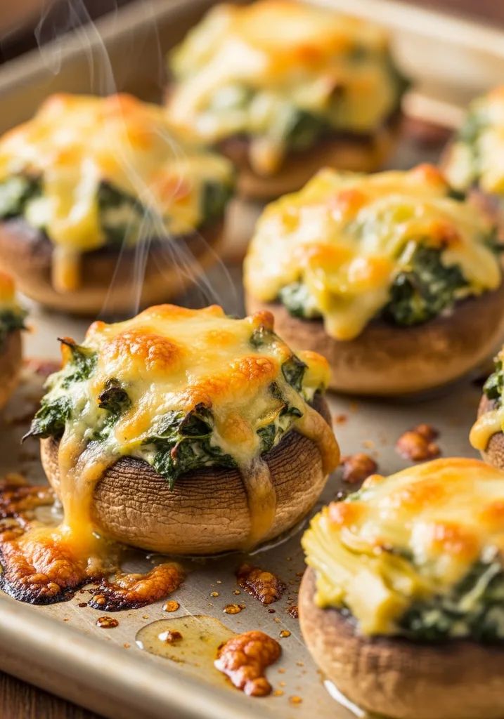 Golden-brown stuffed mushrooms with bubbly, slightly charred cheese topping on a baking sheet.