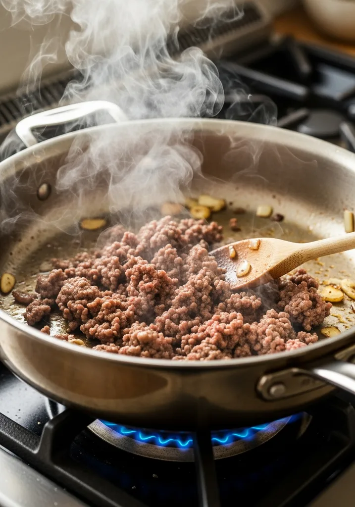 Ground beef browning in a large stainless steel skillet, broken into crumbles with a wooden spoon, releasing steam.