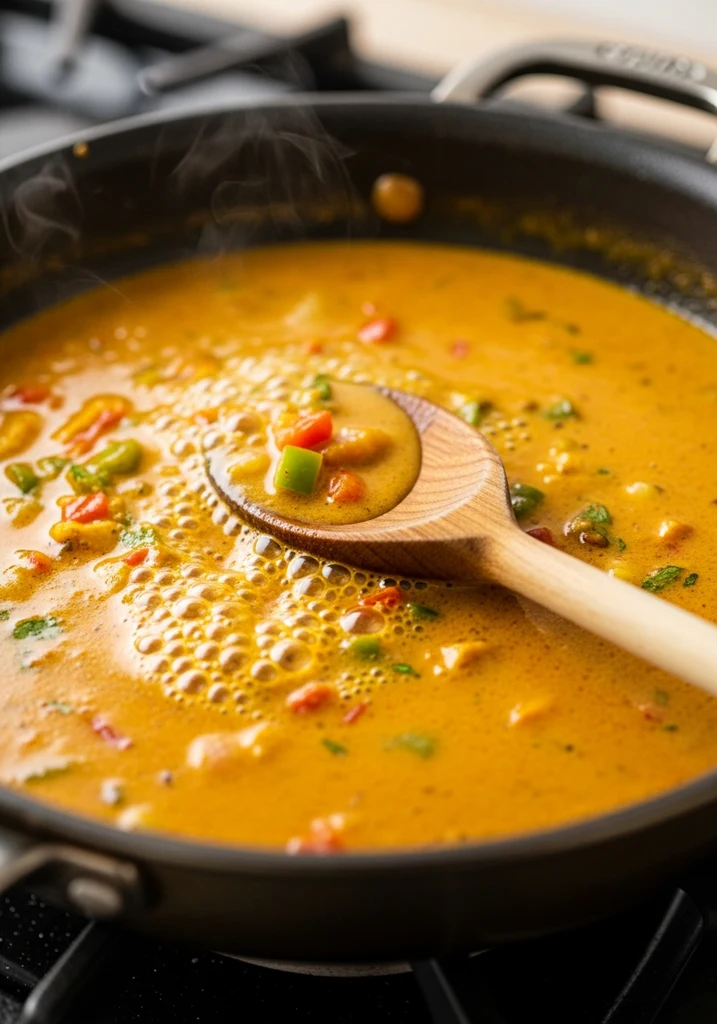 Thick, creamy yellow curry sauce with red pepper flakes simmering gently in a deep silver skillet, a wooden spoon resting inside.