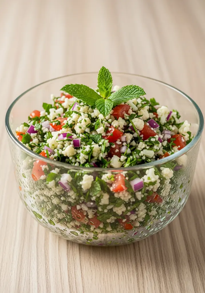 Vibrant cauliflower tabbouleh salad in a clear glass bowl, garnished with a fresh mint sprig.