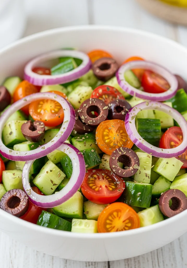 A colorful bowl containing finely diced cucumber, halved cherry tomatoes, thinly sliced red onion, and halved black olives.