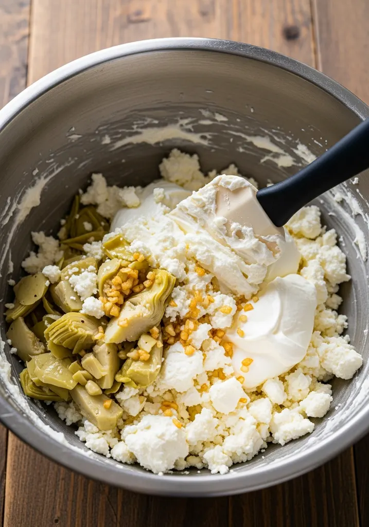 Mixing bowl with cream cheese, Greek yogurt, feta, artichokes, and garlic being combined with a spatula.