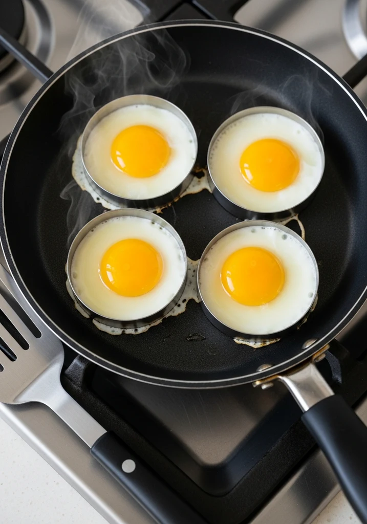 Four eggs cooking in silver egg rings in a non-stick pan, whites setting and yolks bright yellow.