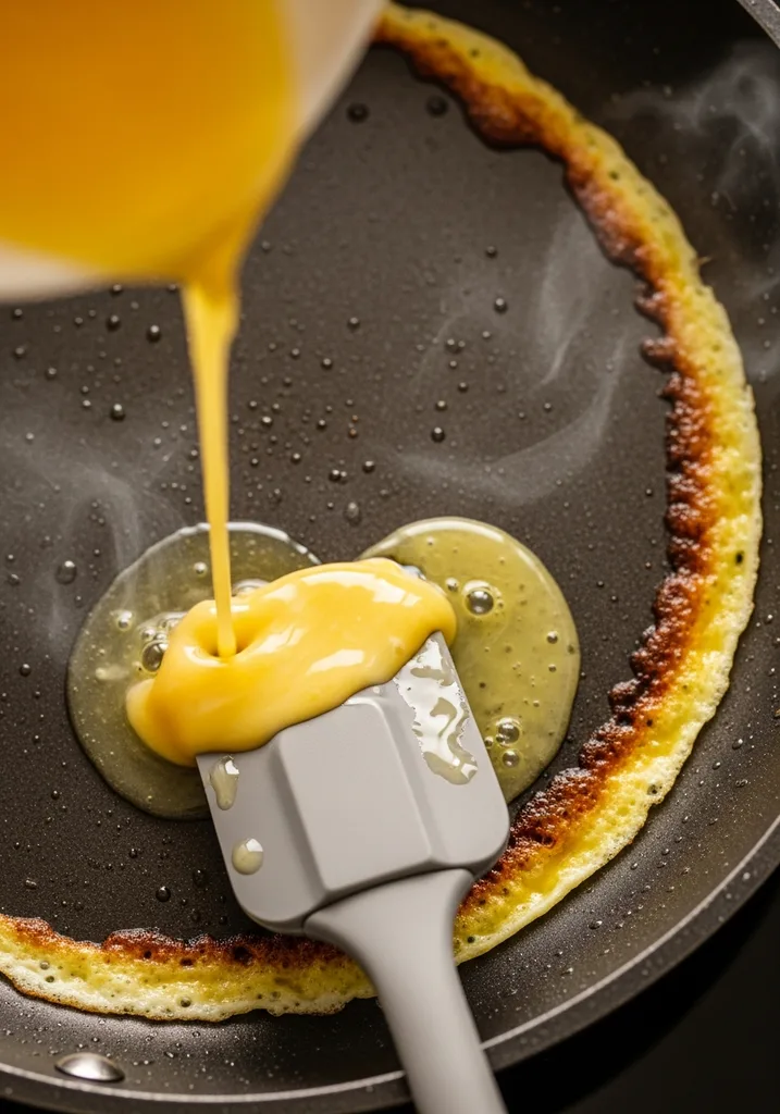 Whisked eggs cooking in a non-stick skillet, edges setting, and a spatula pushing cooked egg to the center.