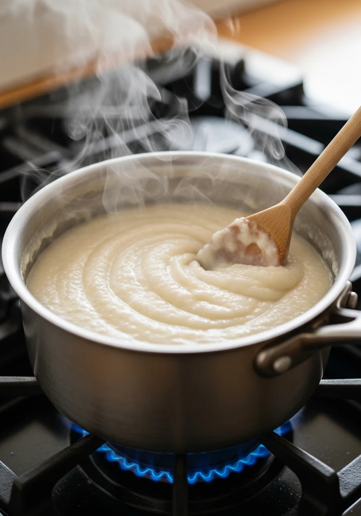 Creamy white porridge thickening in a silver saucepan on a stove, being stirred with a wooden spoon, steam rising.