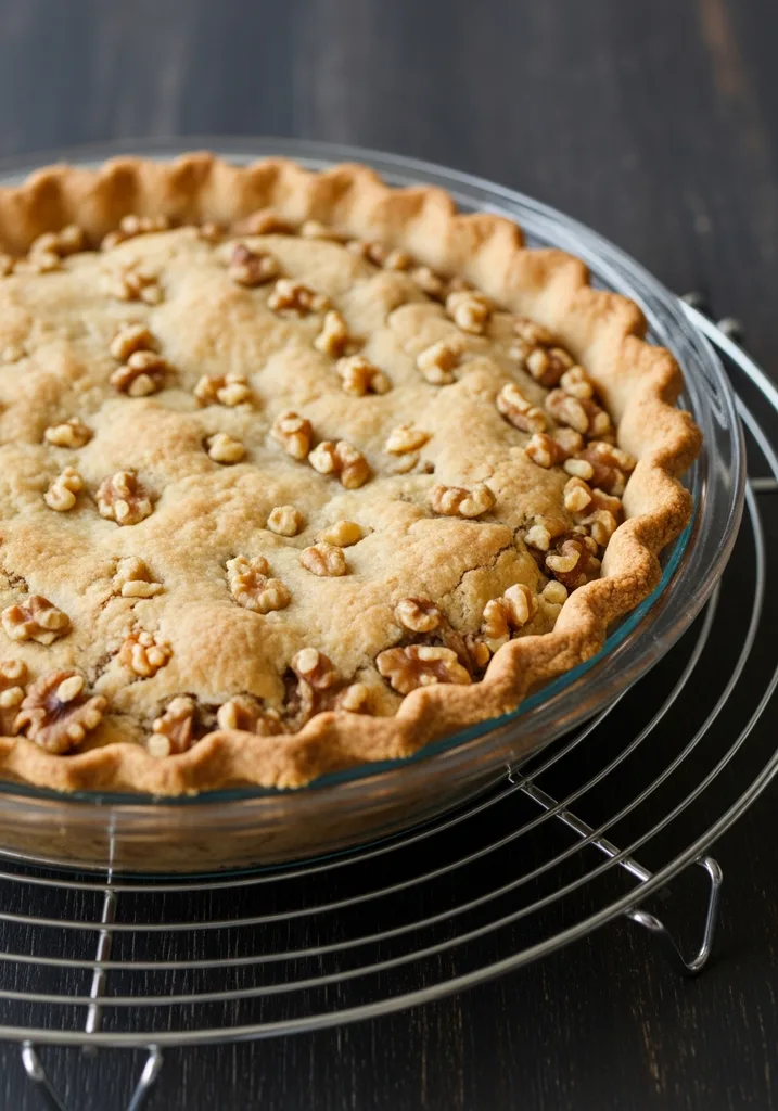 Empty, cooled, golden-brown walnut pie crust in a glass pie plate on a metal wire cooling rack.