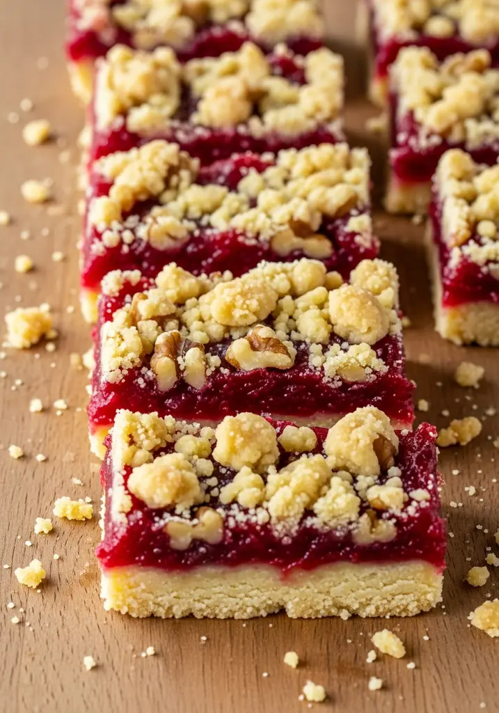 Neatly sliced cranberry walnut crumb bars with visible layers of crust, red filling, and crumb topping on a wooden board.