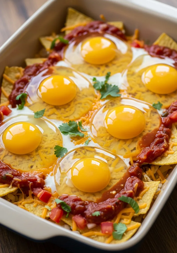 Six raw eggs with bright yellow yolks cracked directly onto a bed of shredded cheese and tortillas in a baking dish.