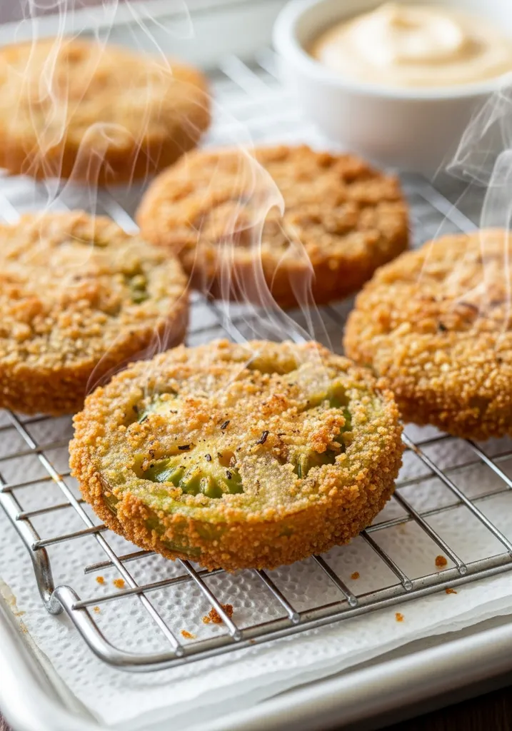 Crispy, golden-brown keto fried green tomatoes resting on a wire rack, steam rising.