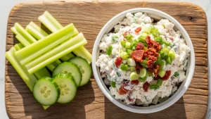 Creamy bacon scallion cream cheese in a white bowl, garnished with fresh scallions and bacon bits, served with crisp vegetables.