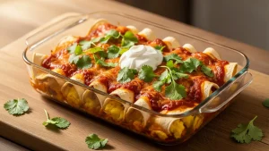 Baked keto egg chiladas in a clear glass dish, topped with red sauce, melted cheese, fresh cilantro, and a dollop of sour cream.