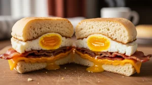 Golden brown keto egg McMuffin cut in half, revealing fluffy bun, bright yellow egg, melted cheddar, and seared ham on a wooden board.