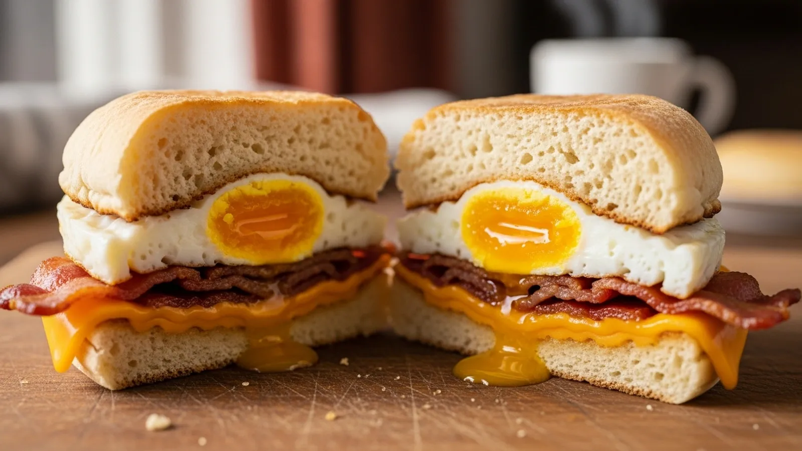 Golden brown keto egg McMuffin cut in half, revealing fluffy bun, bright yellow egg, melted cheddar, and seared ham on a wooden board.