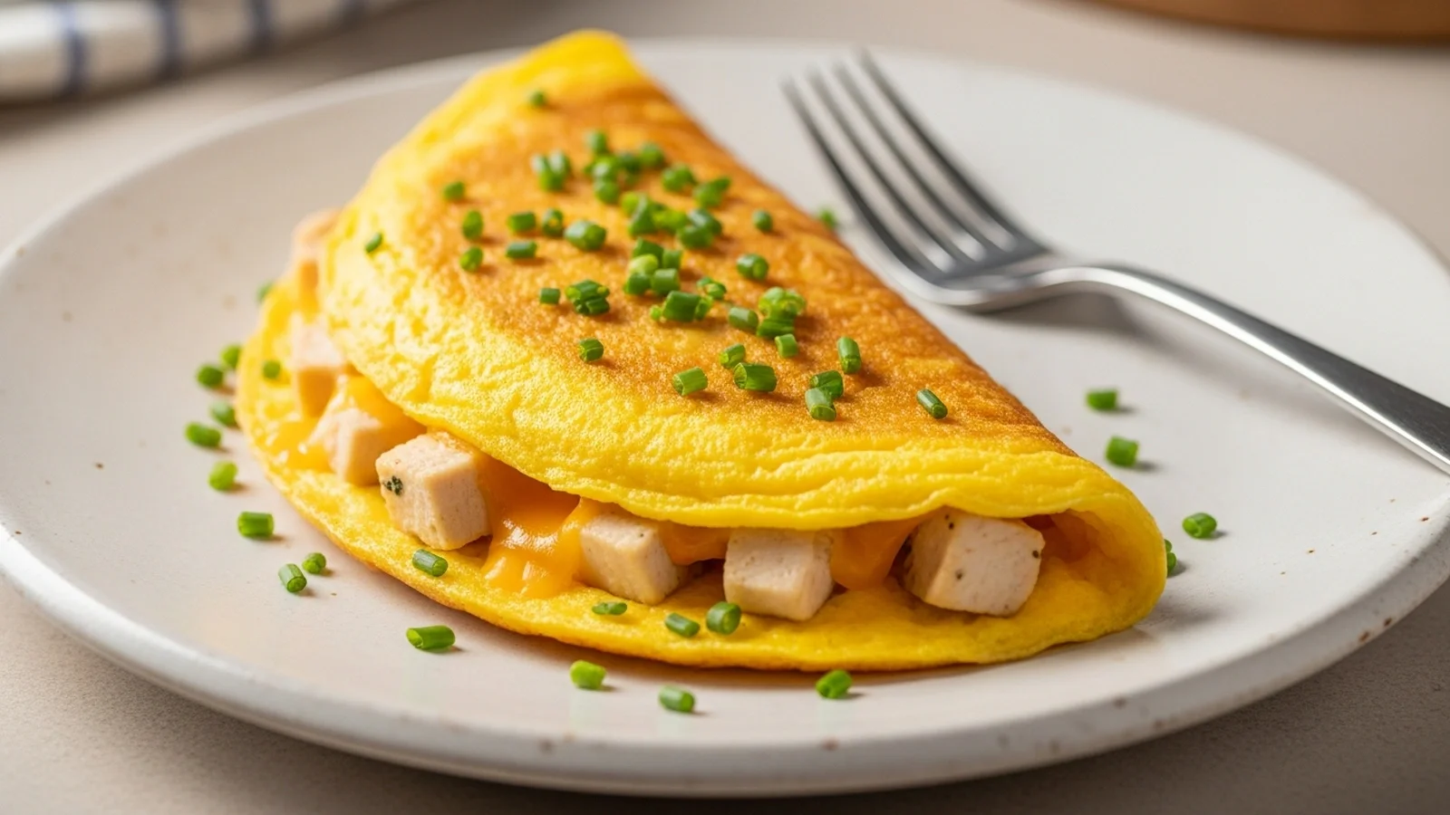 Golden-yellow, fluffy chicken omelette folded on a white plate, garnished with chives, with melted cheese and chicken visible.