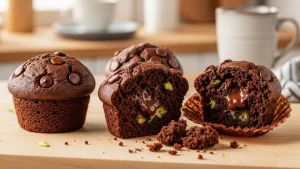Three dark chocolate zucchini muffins on a wooden board, one broken open revealing moist interior and chocolate chips