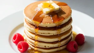 Stack of fluffy, golden-brown zero carb pancakes on a white plate, with melting butter, syrup, and scattered raspberries