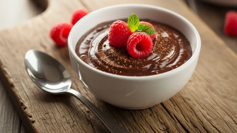 Glossy dark chocolate ganache in a white bowl, garnished with red raspberries and cocoa powder on a wooden board with a spoon.