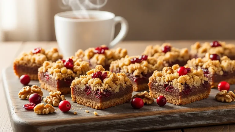 Several golden-brown cranberry walnut crumb bars on a rustic wooden board, garnished with whole cranberries and walnuts.
