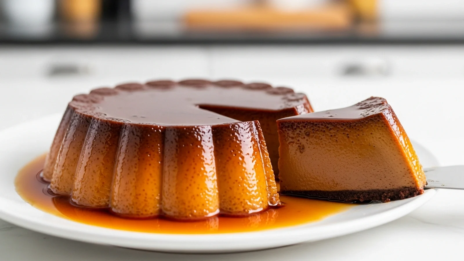 Perfectly unmolded keto choco flan on a white plate, with glossy amber caramel sauce flowing over dark chocolate custard, slice removed.