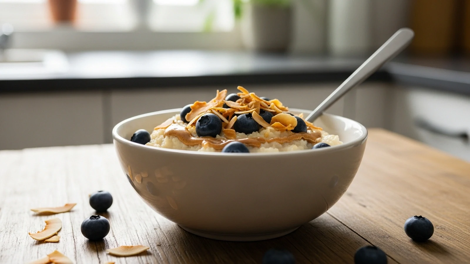 Warm bowl of creamy white coconut flour porridge topped with blueberries, toasted coconut, and almond butter on a wooden table.