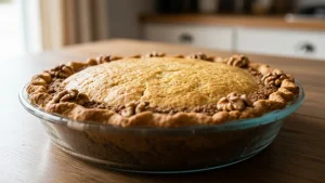 Golden-brown low carb walnut pie crust in a clear glass pie plate, cooling on a wooden table in a cozy kitchen.