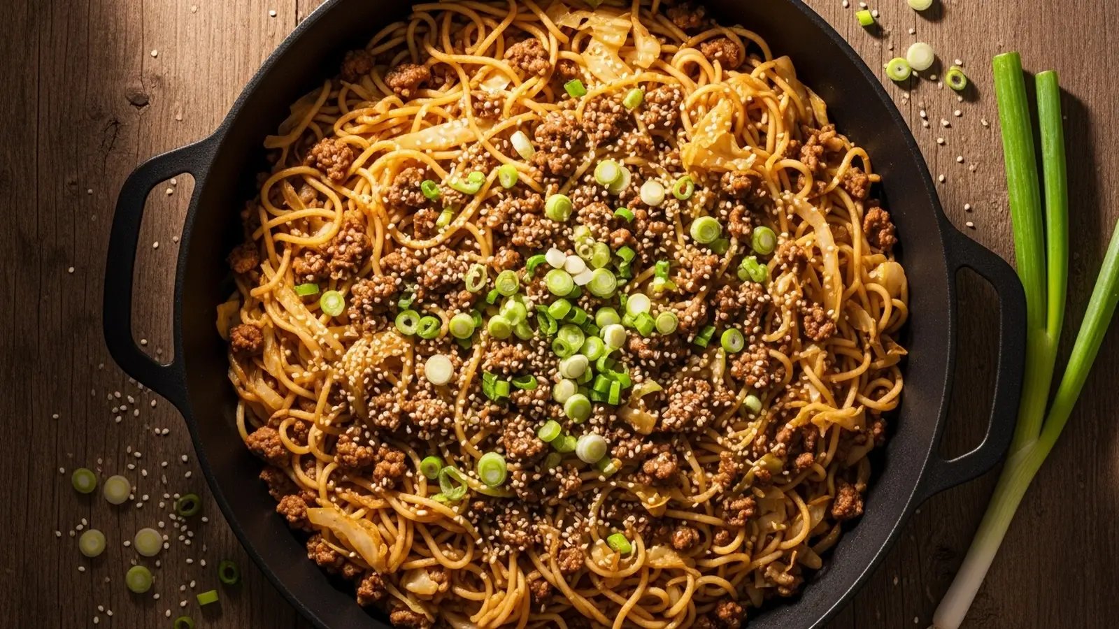 Savory cabbage noodles with ground meat in a large skillet, topped with green onions and sesame seeds, on a wooden table.