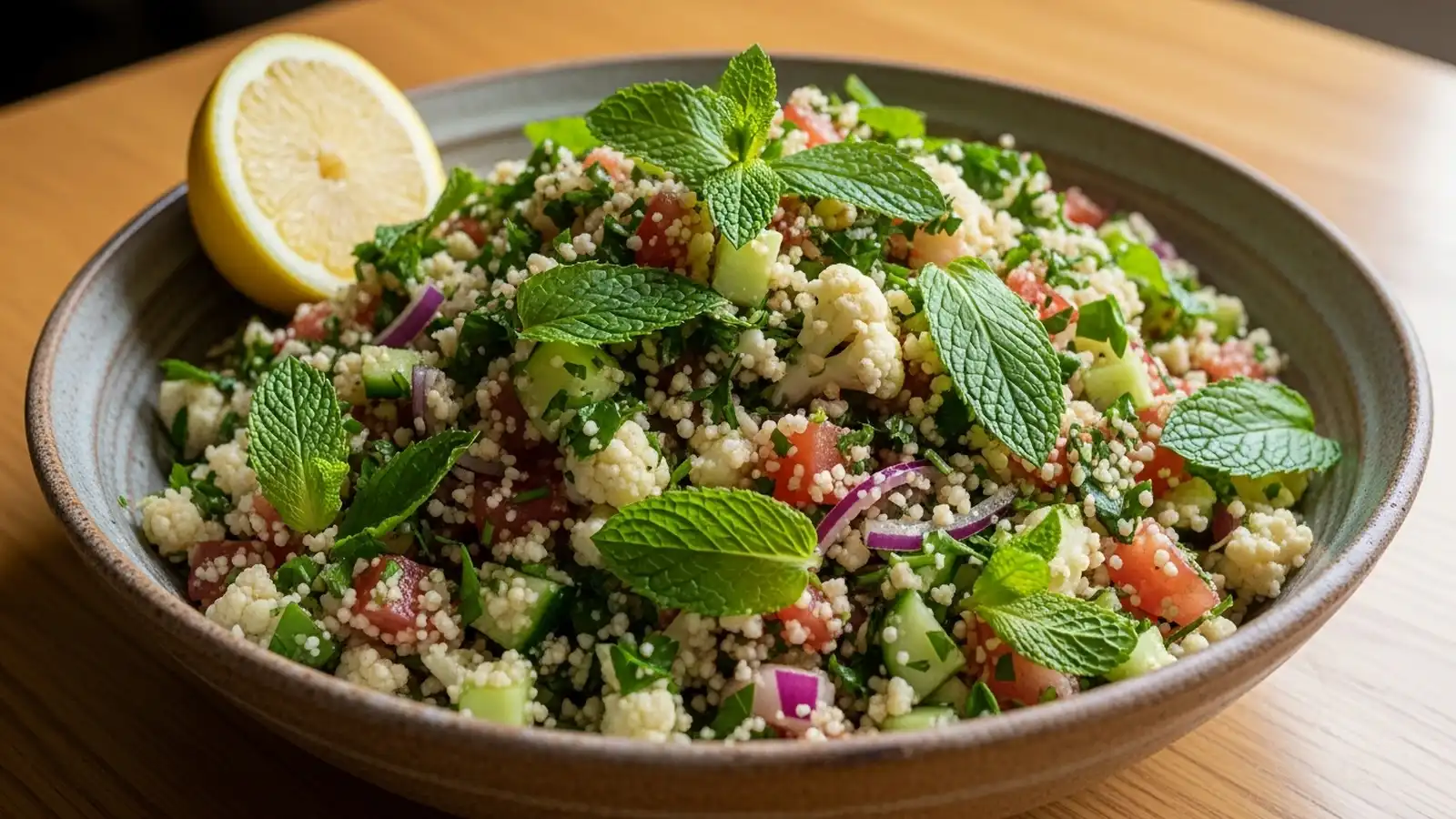 Vibrant cauliflower tabbouleh salad in a large ceramic bowl, garnished with fresh mint and a lemon wedge.