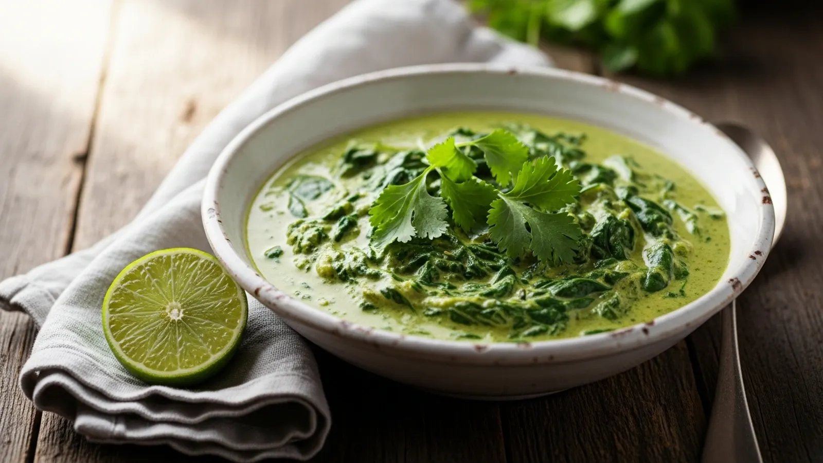 Creamy vibrant green coconut curry spinach in a rustic white bowl, garnished with fresh cilantro, on a dark wooden surface.