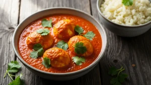 Vibrant orange-red Keto Egg Masala with whole eggs and fresh cilantro in a rustic ceramic bowl on a wooden surface.