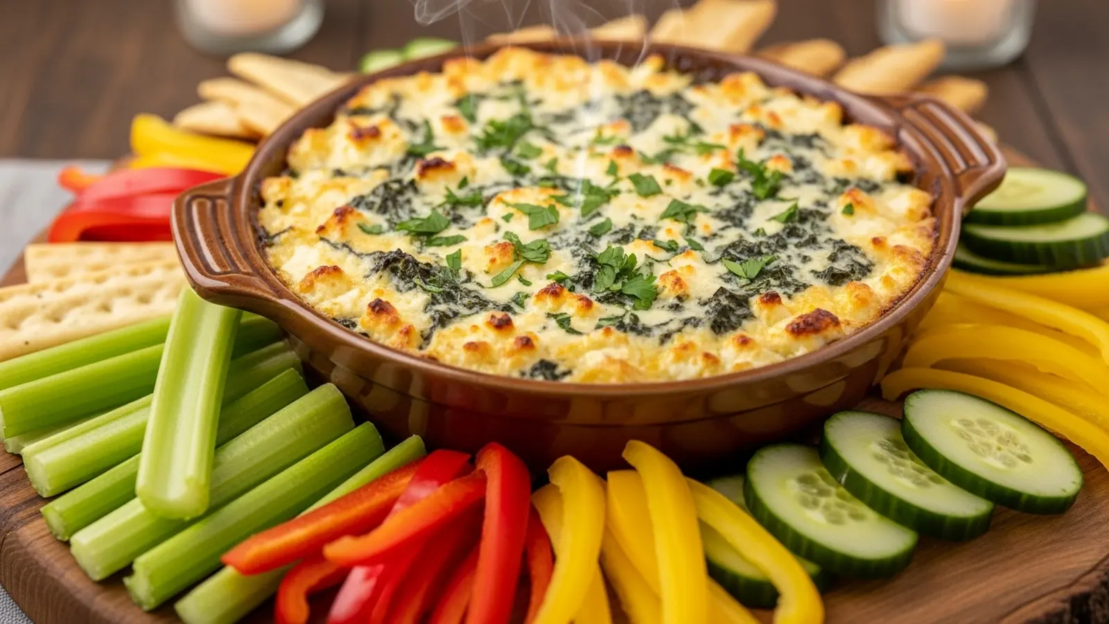 Creamy, bubbly feta spinach artichoke dip in a rustic ceramic dish, garnished with parsley, surrounded by colorful vegetable dippers.