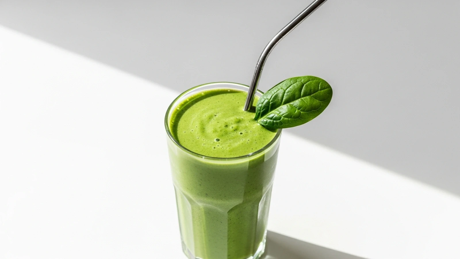 Vibrant green goddess smoothie in a tall glass with a reusable straw, garnished with a spinach leaf, on a white background.