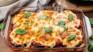 A full 9x13 inch glass baking dish of keto eggplant parmesan, golden-brown bubbly cheese on top, garnished with fresh green basil.