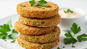 Golden-brown keto fried green tomatoes stacked on a white plate with a creamy dipping sauce.
