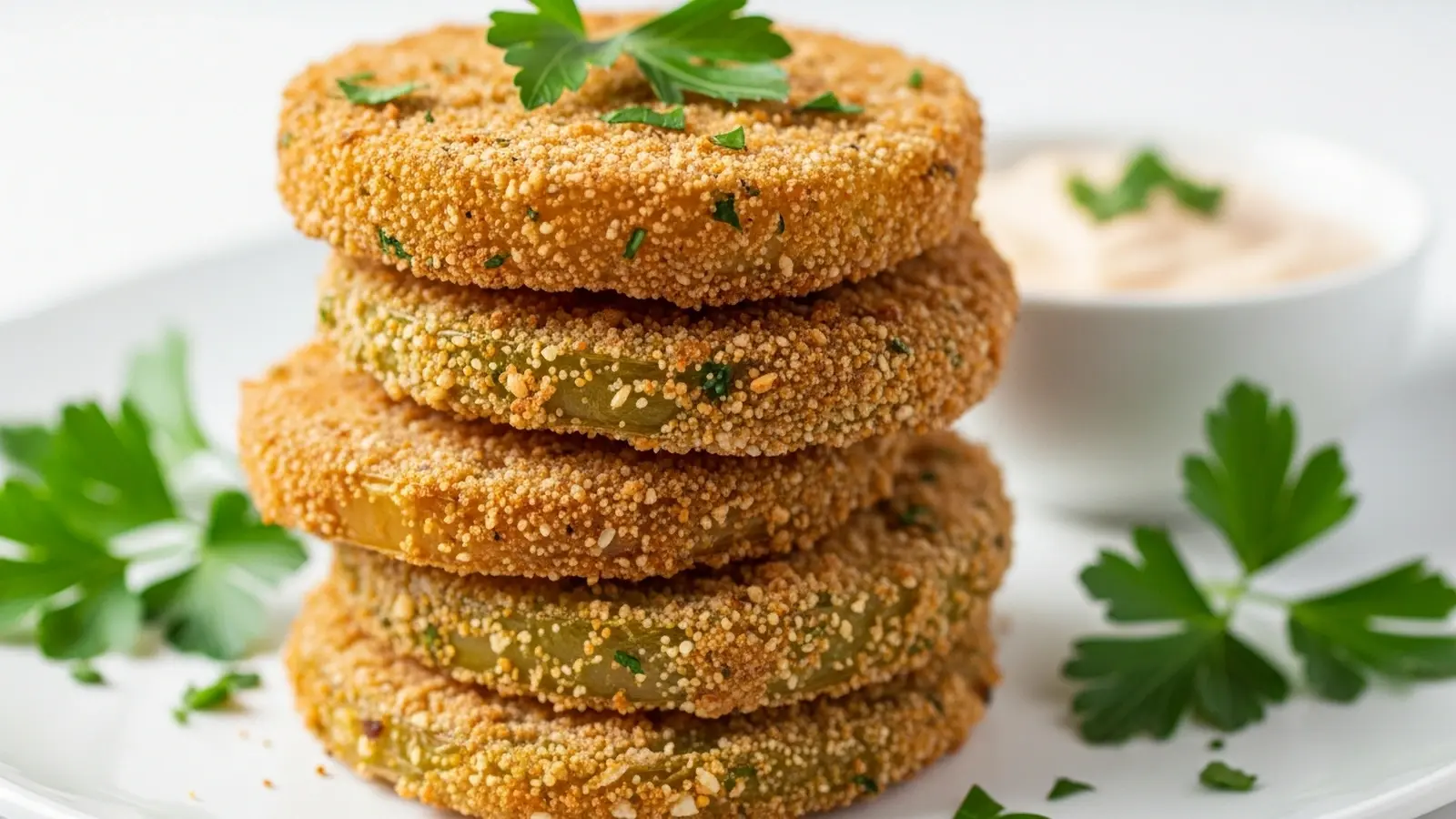 Golden-brown keto fried green tomatoes stacked on a white plate with a creamy dipping sauce.