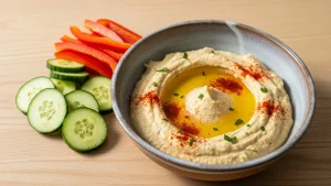 Creamy low-carb artichoke hummus in a rustic ceramic bowl, drizzled with olive oil and paprika, served with fresh cucumber and red bell pepper slices on wood.