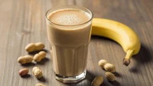 Creamy light brown peanut butter protein smoothie in a tall glass on a rustic wooden table with peanuts and a banana.