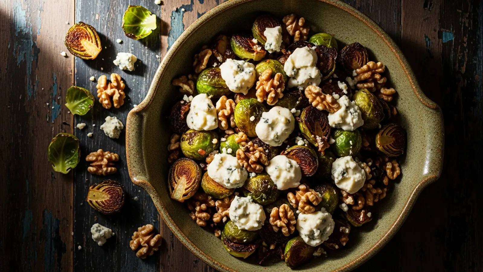 Overhead view of roasted Brussels sprouts, toasted walnuts, and melted blue cheese in a rustic ceramic bowl on a dark wooden table.