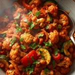 Close-up of a large bowl of Roasted Vegetable Masala with cauliflower, bell peppers, and zucchini in a creamy red sauce, topped with cilantro.