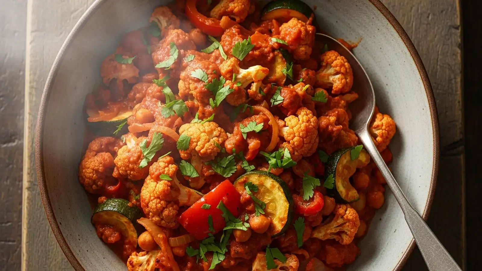 Close-up of a large bowl of Roasted Vegetable Masala with cauliflower, bell peppers, and zucchini in a creamy red sauce, topped with cilantro.